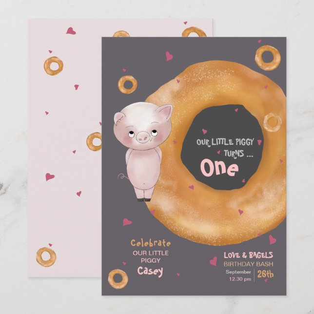 Cute "OUR LITTLE PIGGY"  |  “Love & Bagels”  Invitation (Front/Back)