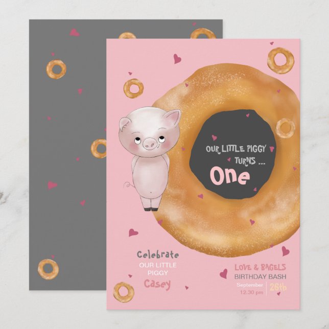 Cute "OUR LITTLE PIGGY"  |  “Love & Bagels”  Invitation (Front/Back)