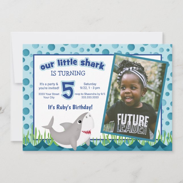 Cute Our Little Shark Ocean Photo 5th Birthday Invitation (Front)