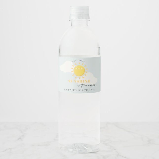 Cute Our Little Sunshine Blue Any Age Birthday Water Bottle Label (Front)