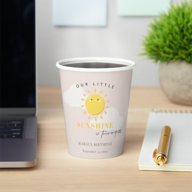 Cute Our Little Sunshine Blush Any Age Birthday Paper Cups (Insitu)