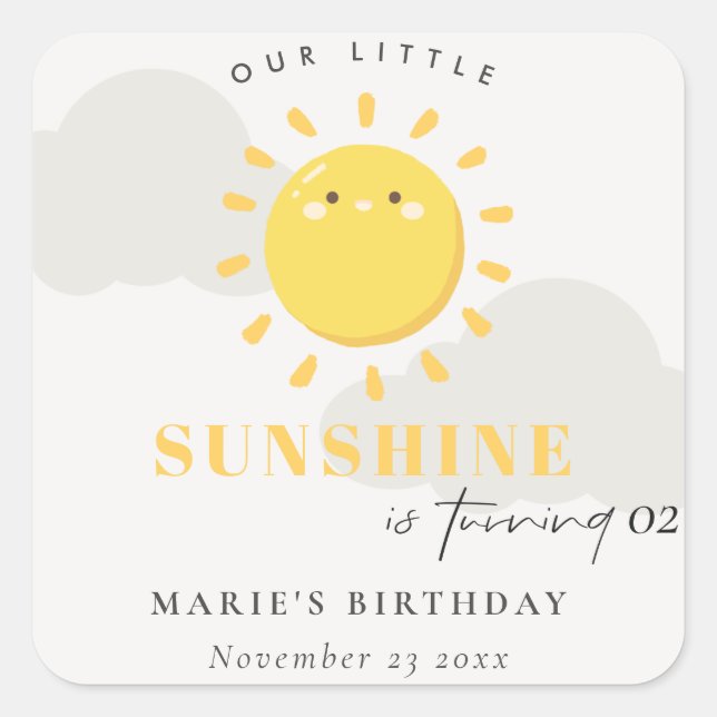 Cute Our Little Sunshine Yellow Any Age Birthday Square Sticker (Front)