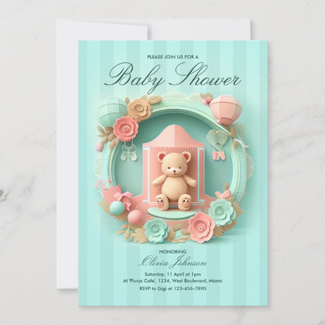 Cute ours en peluche dans un cadre | Invitation Ba (Devant)