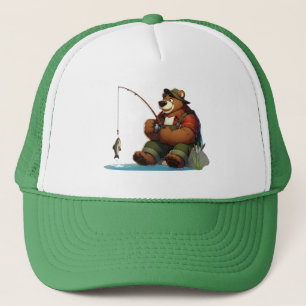 Cute, outdoorsman bear fishing trucker hat