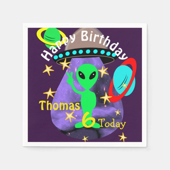 Cute outer Space Alien Themed Birthday Party Napkin (Front)