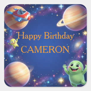 Cute Outer Space Aliens Birthday Party Square Sticker