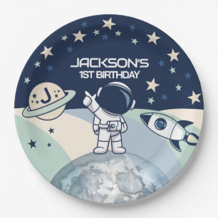 Cute Outer Space Astronaut Birthday Paper Plate