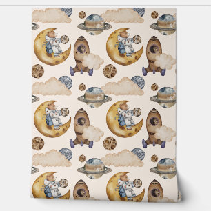 Cute Outer Space Bear Astronaut Moon & Planets Boy Wallpaper