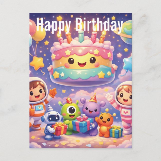 Cute Outer Space Birthday Party with Astronauts  Postcard (Front)