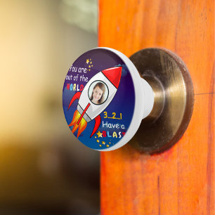 Cute Outer Space Rocket Ship Blast Off Birthday Ceramic Knob