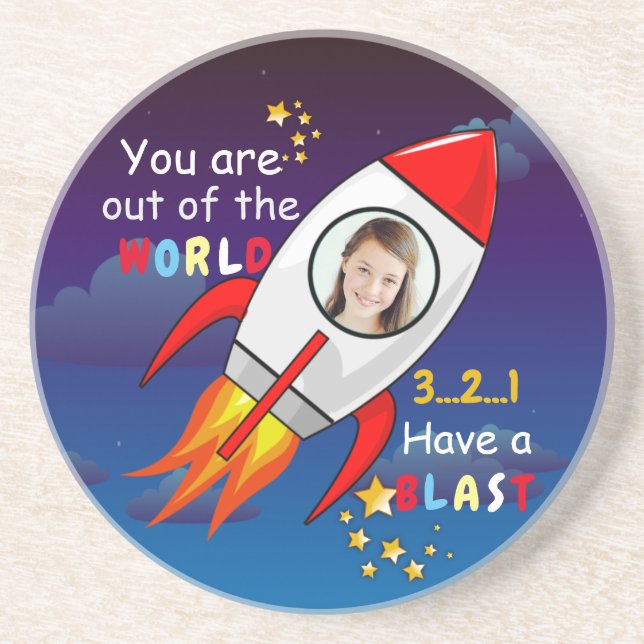 Cute Outer Space Rocket Ship Blast Off Birthday Coaster (Front)