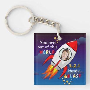 Cute Outer Space Rocket Ship Blast Off Birthday Keychain