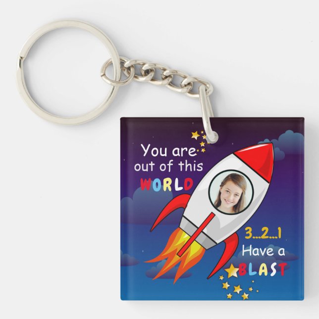 Cute Outer Space Rocket Ship Blast Off Birthday Keychain (Front)
