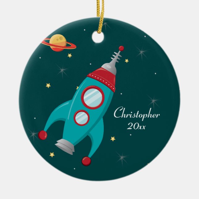 Cute outer space rocket ship personalized ornament (Front)