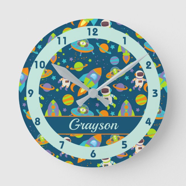 Cute Outer Space Rockets and Astronaut Round Clock (Front)