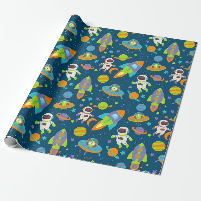 Cute Outer Space Rockets and Astronaut Wrapping Paper (Unrolled)