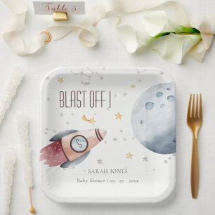 Cute Outer Space Starry Planet Rocket Baby Shower Paper Plate