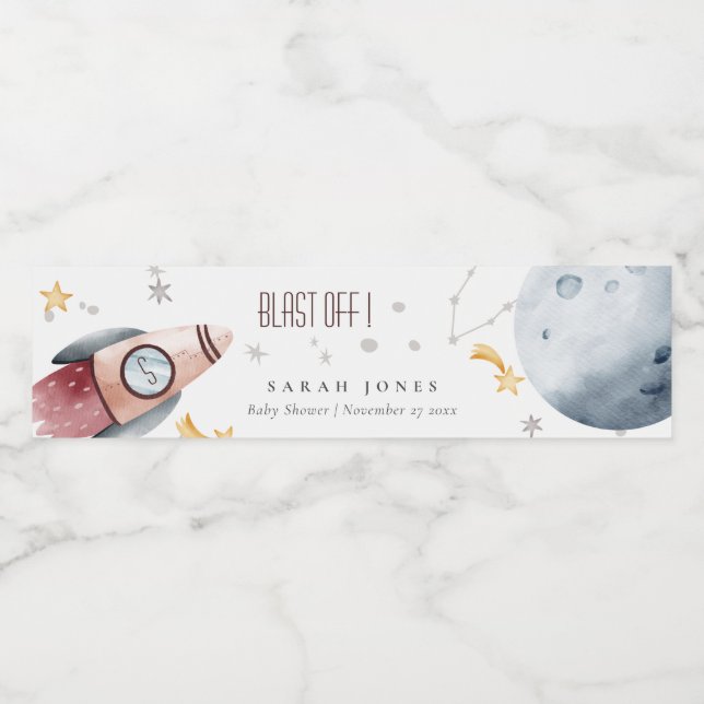 Cute Outer Space Starry Planet Rocket Baby Shower Water Bottle Label (Single Label)