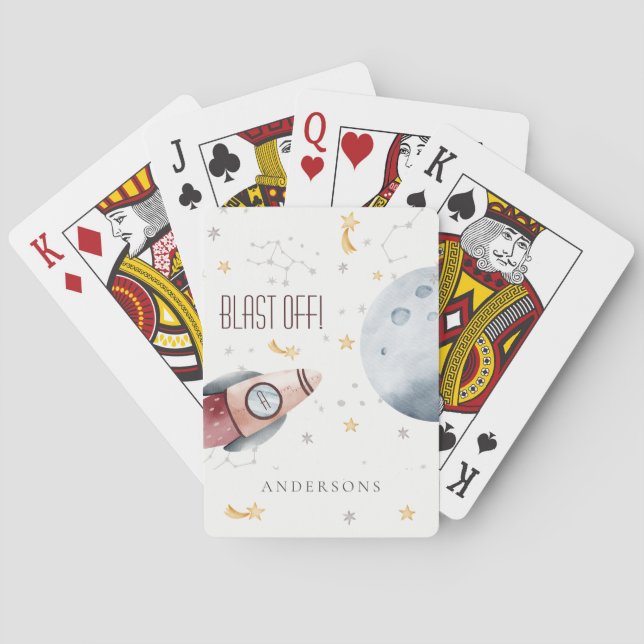 Cute Outer Space Starry Planets Monogram Boys Playing Cards (Back)