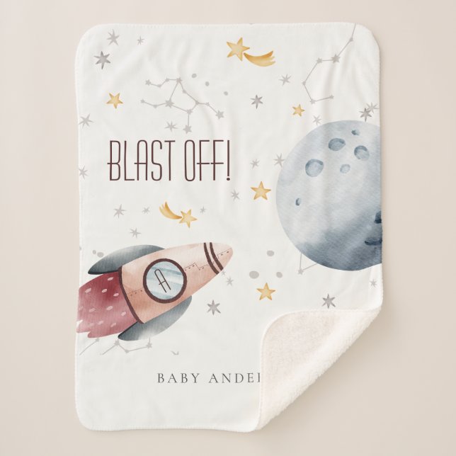 Cute Outer Space Starry Planets Monogram Boys Sherpa Blanket (Front)