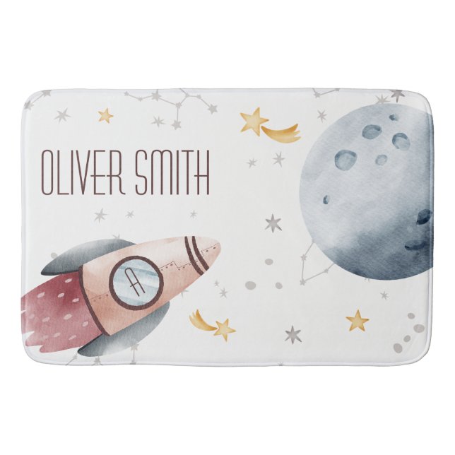Cute Outer Space Starry Planets Monogram Kids Bath Mat (Front)