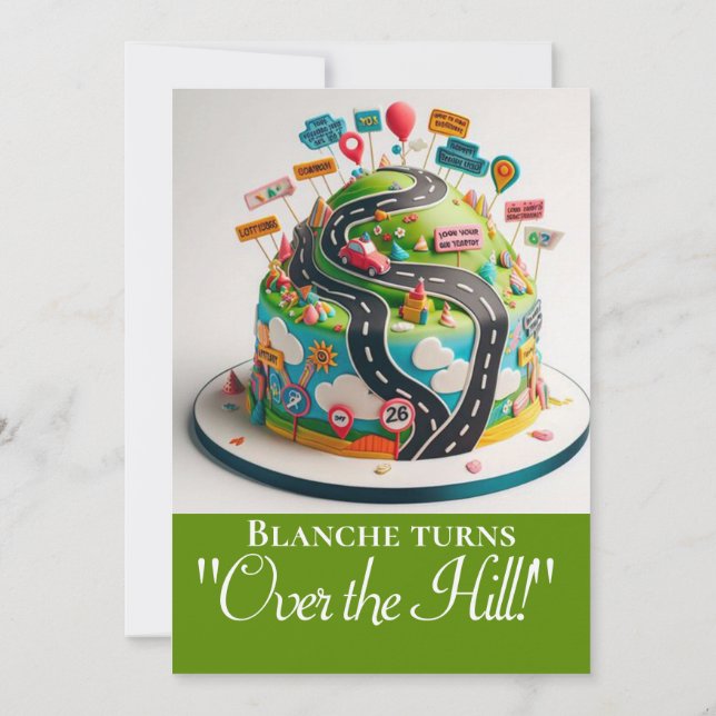 CUTE OVER THE HILL BIRTHDAY CAKE PARTY INVITATION (Back)