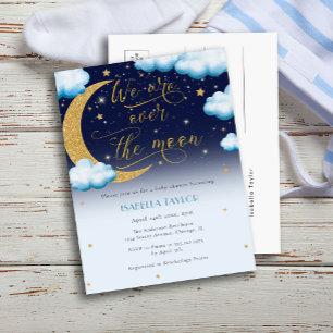 Cute Over the Moon Blue Boy Baby Shower Invitation Postcard