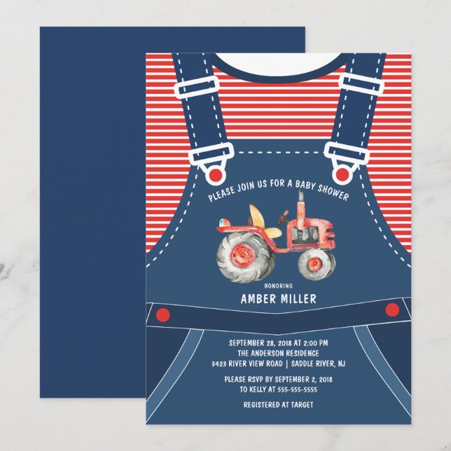 Cute Overalls Farm Tractor Baby Shower Invitation (Front/Back)