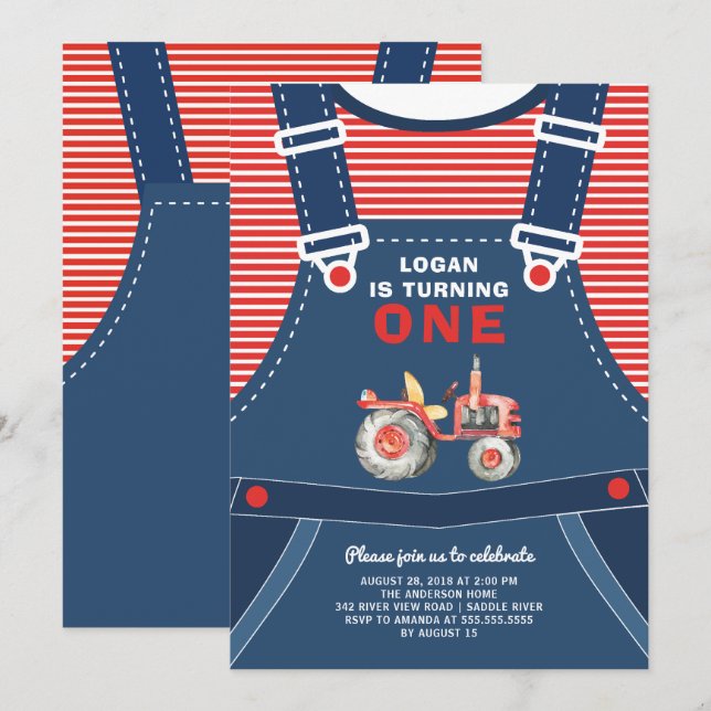 Cute Overalls Farm Tractor Boys Birthday Invitatio Invitation (Front/Back)