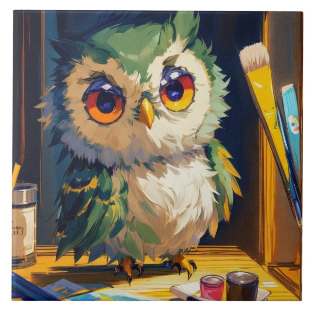 Cute Owl Acrylic and Palette knife strokes Tile (Front)