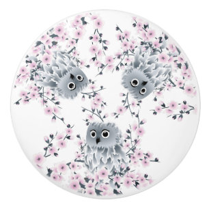 Cute Owl and Cherry Blossoms Ceramic Knob