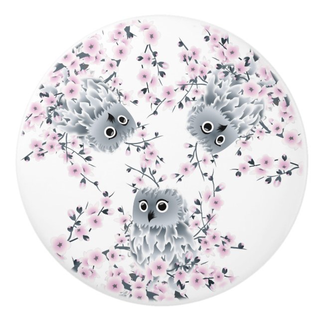 Cute Owl and Cherry Blossoms Ceramic Knob (Front)