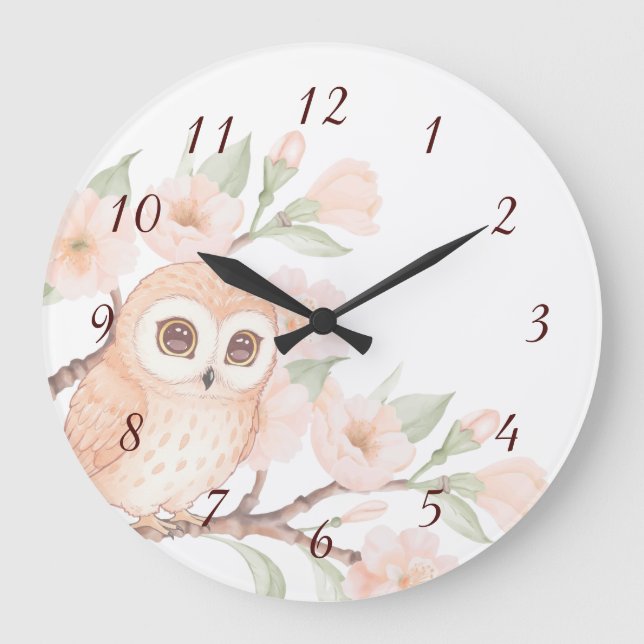 Cute Owl and Cherry Blossoms Numbers Large Clock (Front)