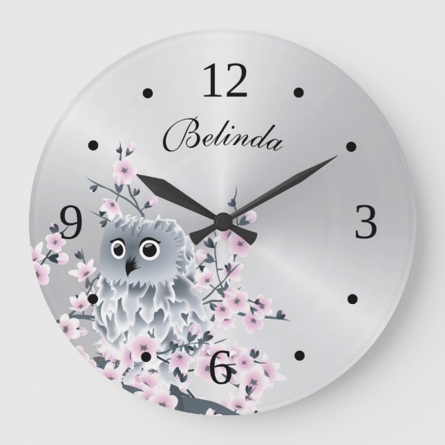 Cute Owl and Cherry Blossoms Silver Monogram Large Clock (Front)