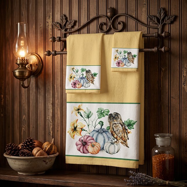 Cute Owl and fall pumpkins  Bath Towel Set (Creator Uploaded)