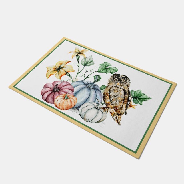 Cute Owl and fall pumpkins  Doormat (Angled)