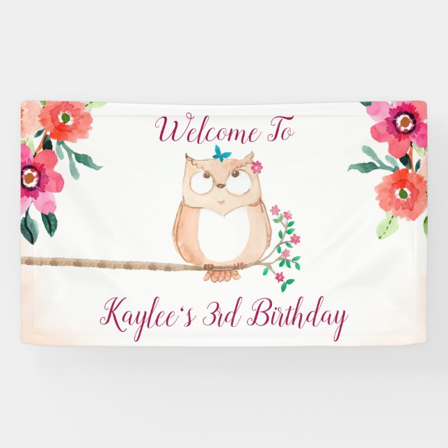 Cute Owl and Pink Floral Birthday Banner (Horizontal)