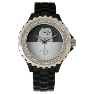Cute Owl Animal Monogram White Silver Black Watch