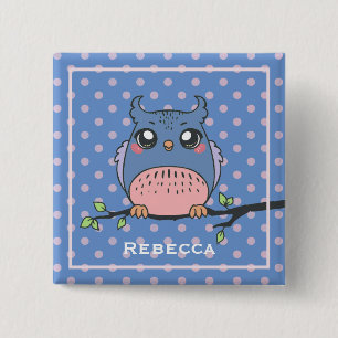 Cute Owl Art Dotty Personalised Girls 2 Inch Square Button