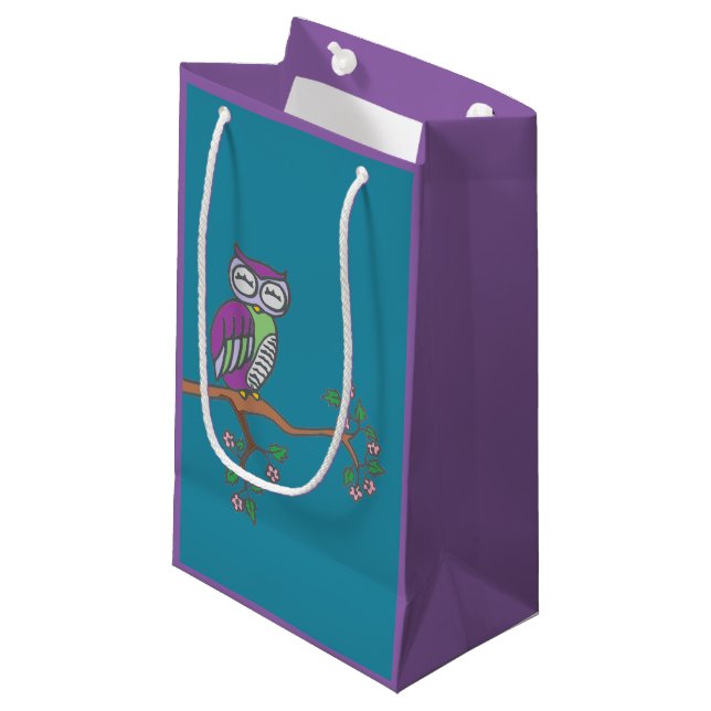 Cute Owl at Night Illustration Blue Small Gift Bag (Front Angled)