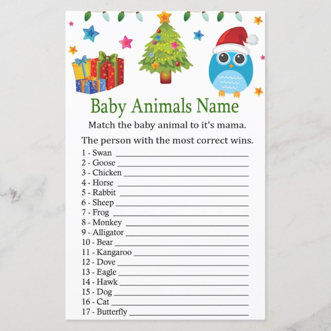 Cute Owl Baby Animals Name Game baby shower (Front)