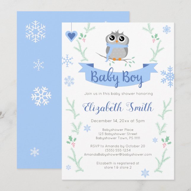 Cute owl baby boy winter babyshower invitation (Front/Back)