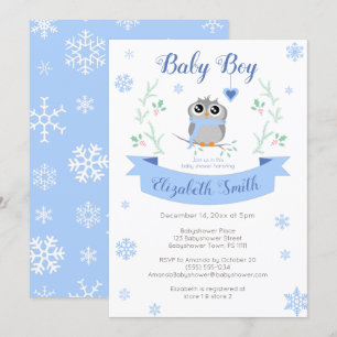 Cute owl baby boy winter babyshower invitation