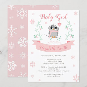 Cute owl baby girl winter babyshower invitation