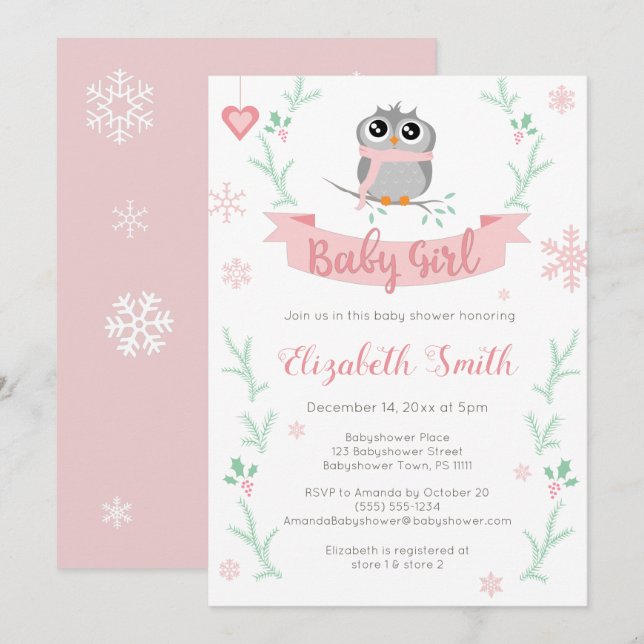 Cute owl baby girl winter babyshower invitation (Front/Back)