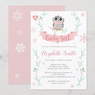 Cute owl baby girl winter babyshower invitation