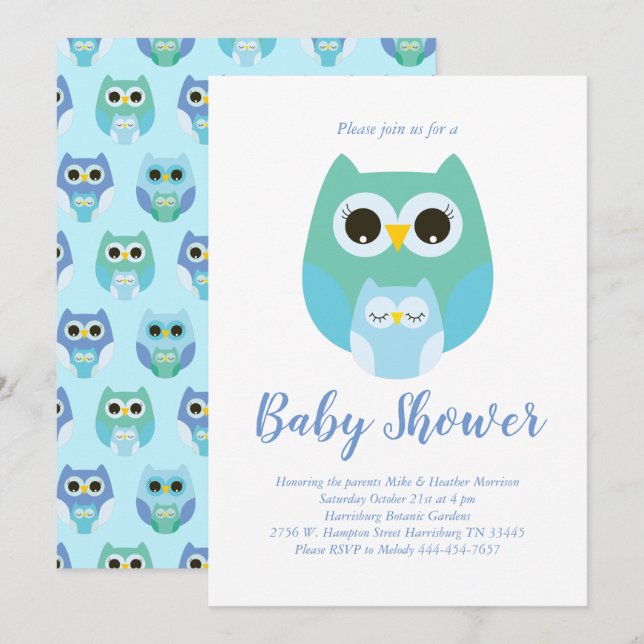 Cute Owl Baby Shower Blue Bird Boy Invitation (Front/Back)