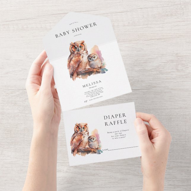 Cute Owl Baby Shower Invitation and Diaper Raffle (Tearaway)