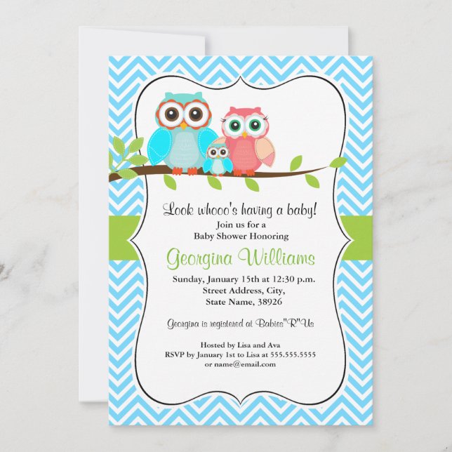 Cute Owl Baby Shower Invitation / Blue (Front)
