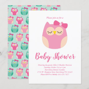 Cute Owl Baby Shower Pink Bird Girl Invitation